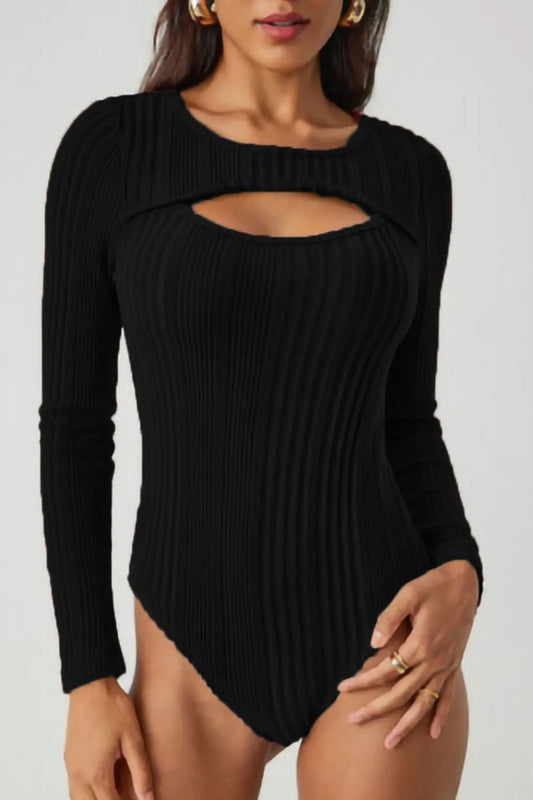 Ribbed Cutout Round Neck Bodysuit –  by Trenzyco