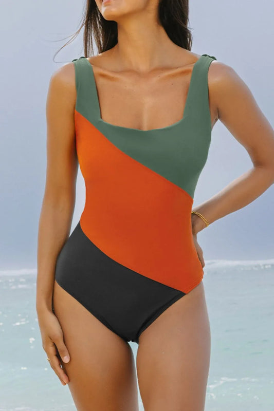 Color Block Padded Square Neck One Piece Swimsuit –  by Trenzyco