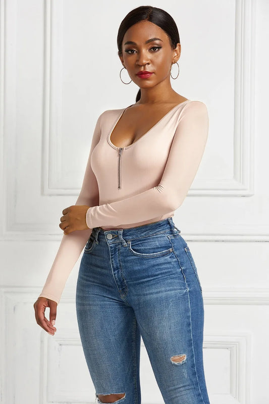 Half Zip Scoop Neck Long Sleeve Bodysuit –  by Trenzyco