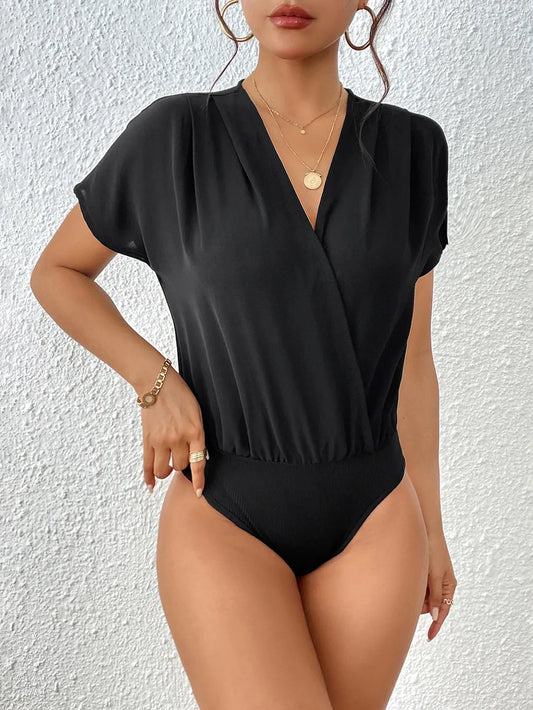 Perfee Surplice Short Sleeve Ruched Bodysuit –  by Trenzyco