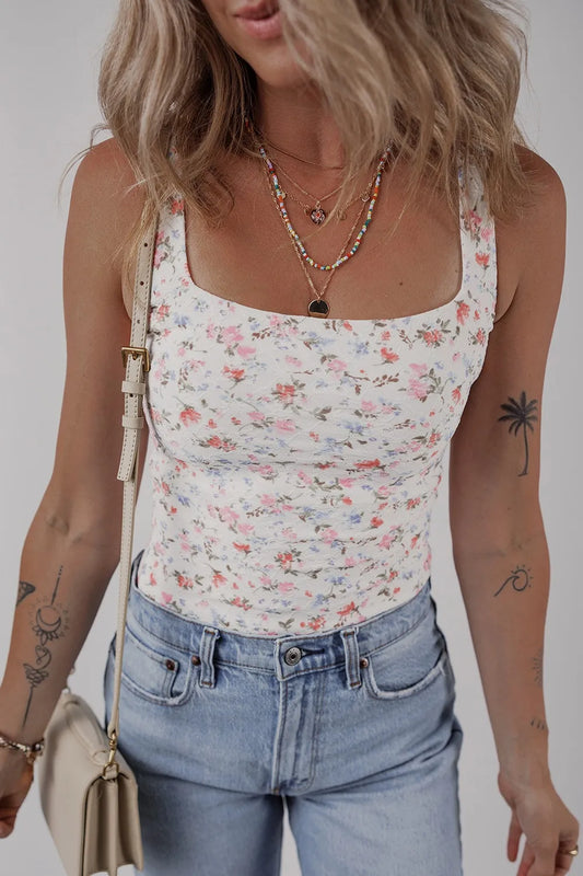 Floral Textured Square Neck Sleeveless Bodysuit –  by Trenzyco