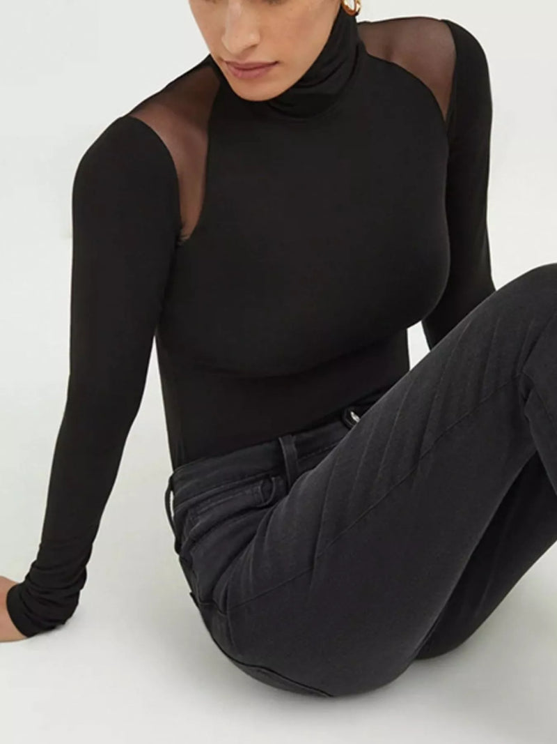 Mesh Shoulder Turtleneck Bodysuit –  by Trenzyco