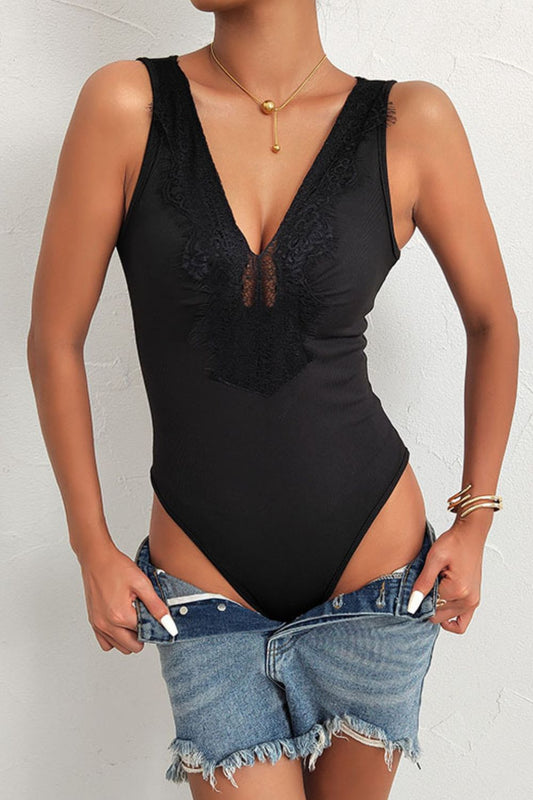 Perfee Spliced Lace Deep V Sleeveless Bodysuit –  by Trenzyco