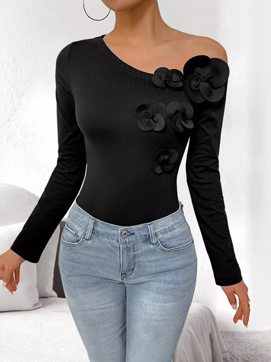 Flower One Shoulder Long Sleeve Bodysuit – by Trenzyco