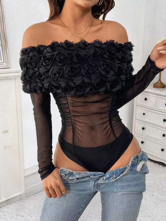 Flower Off-Shoulder Mesh Bodysuit –  by Trenzyco