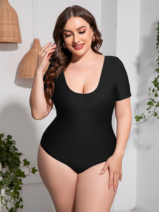 Plus Size Scoop Neck Short Sleeve One-Piece Swimsuit –  by Trenzyco