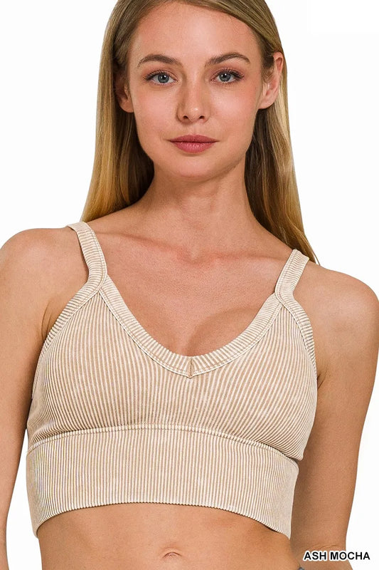 Zenana Washed V Neck Seamless Cropped Bra Top –  by Trenzyco
