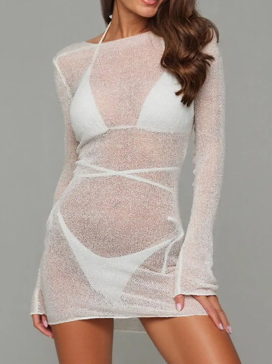 Sheer Backless Long Sleeve Mini Cover-Up Dress –  by Trenzyco