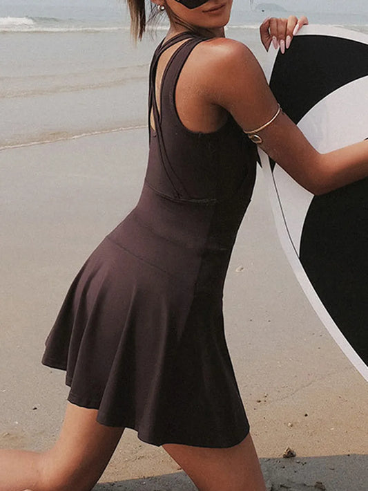 V-Neck Wide Strap Active Dress with Unitard Liner – by Trenzyco