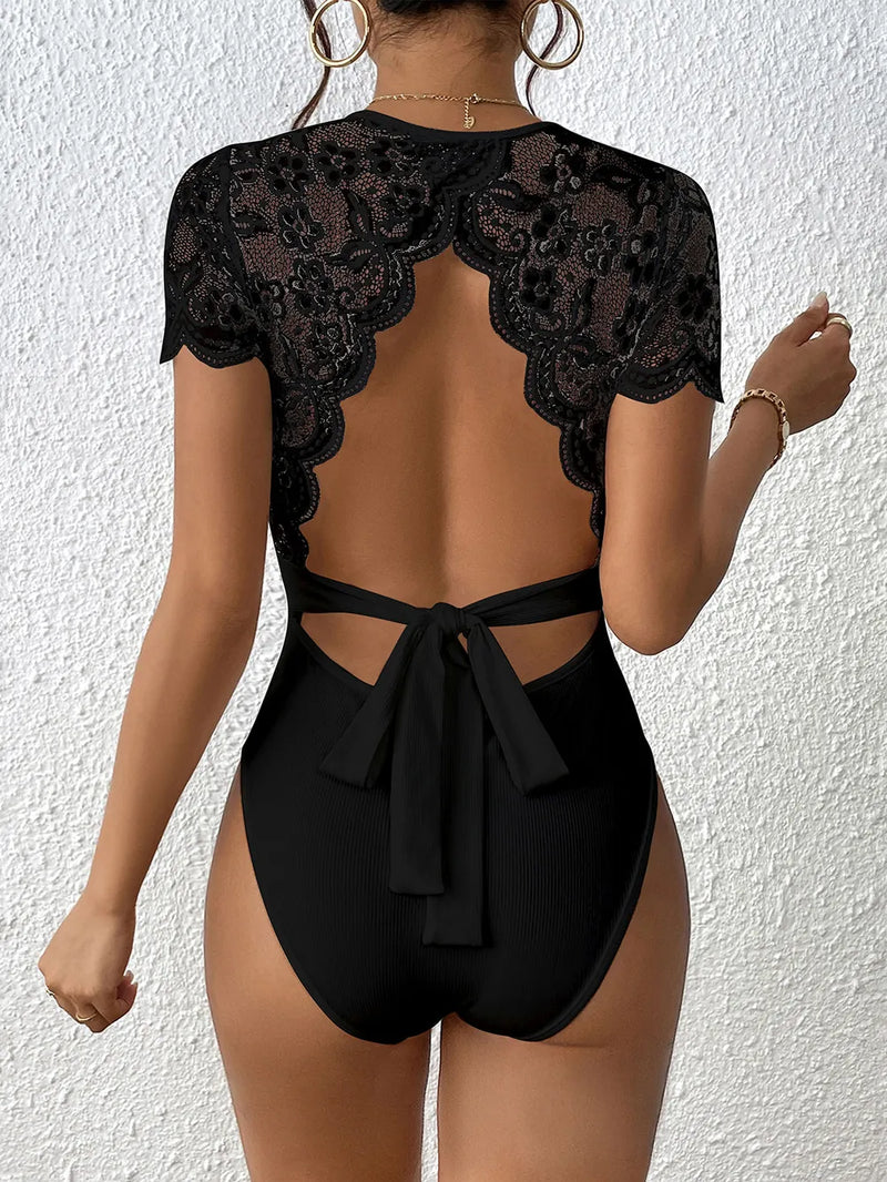 Perfee Lace Backless Round Neck Bodysuit –  by Trenzyco