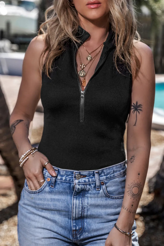 Zip Up Mock Neck Sleeveless Bodysuit –  by Trenzyco